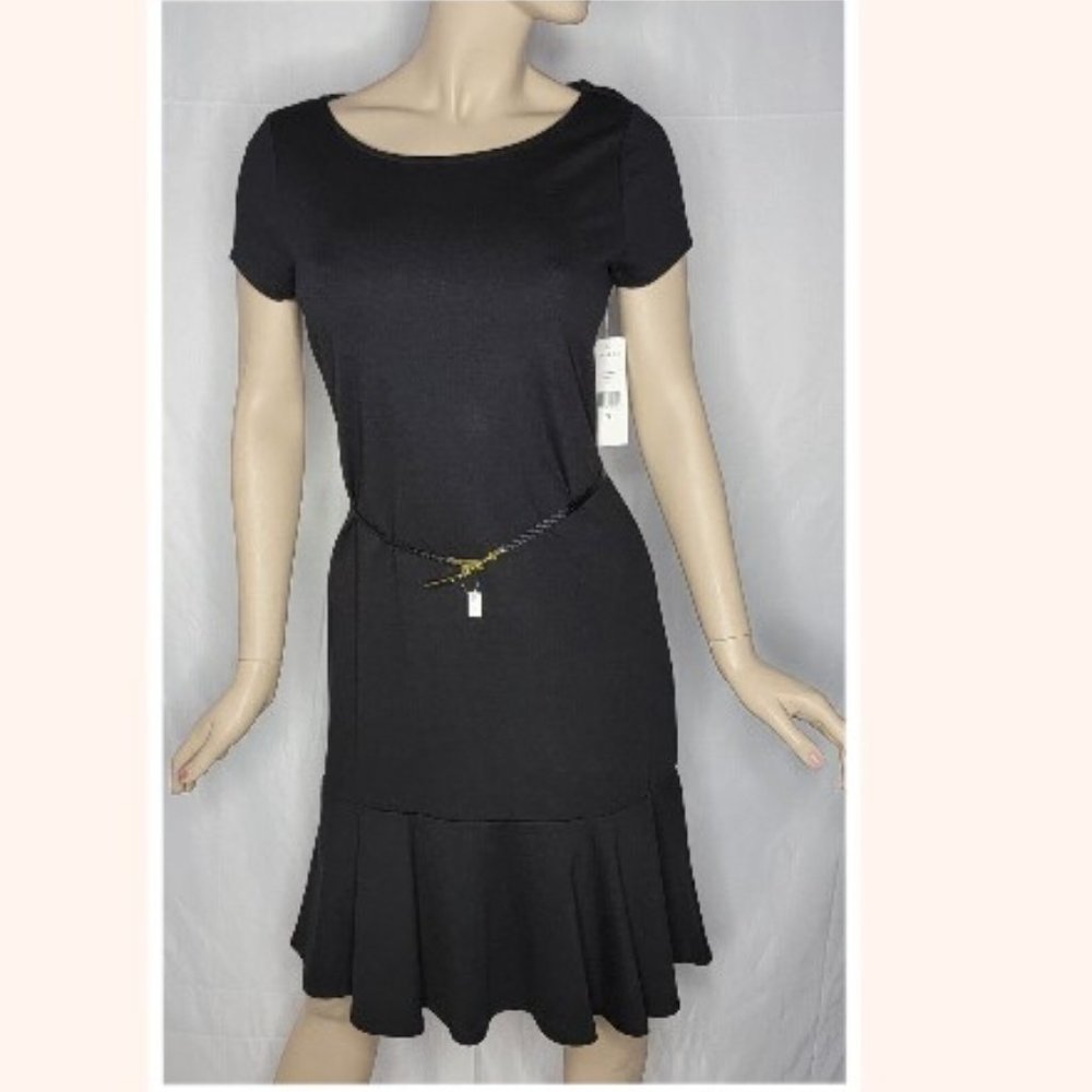 Lauren Ralph Lauren Black Short Sleeves Belted Ruffle Hem Dress Size M